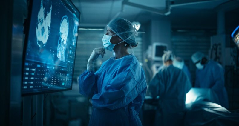Medical doctor in surgery reviewing a brain scan thoughtfully while colleagues work behind her.