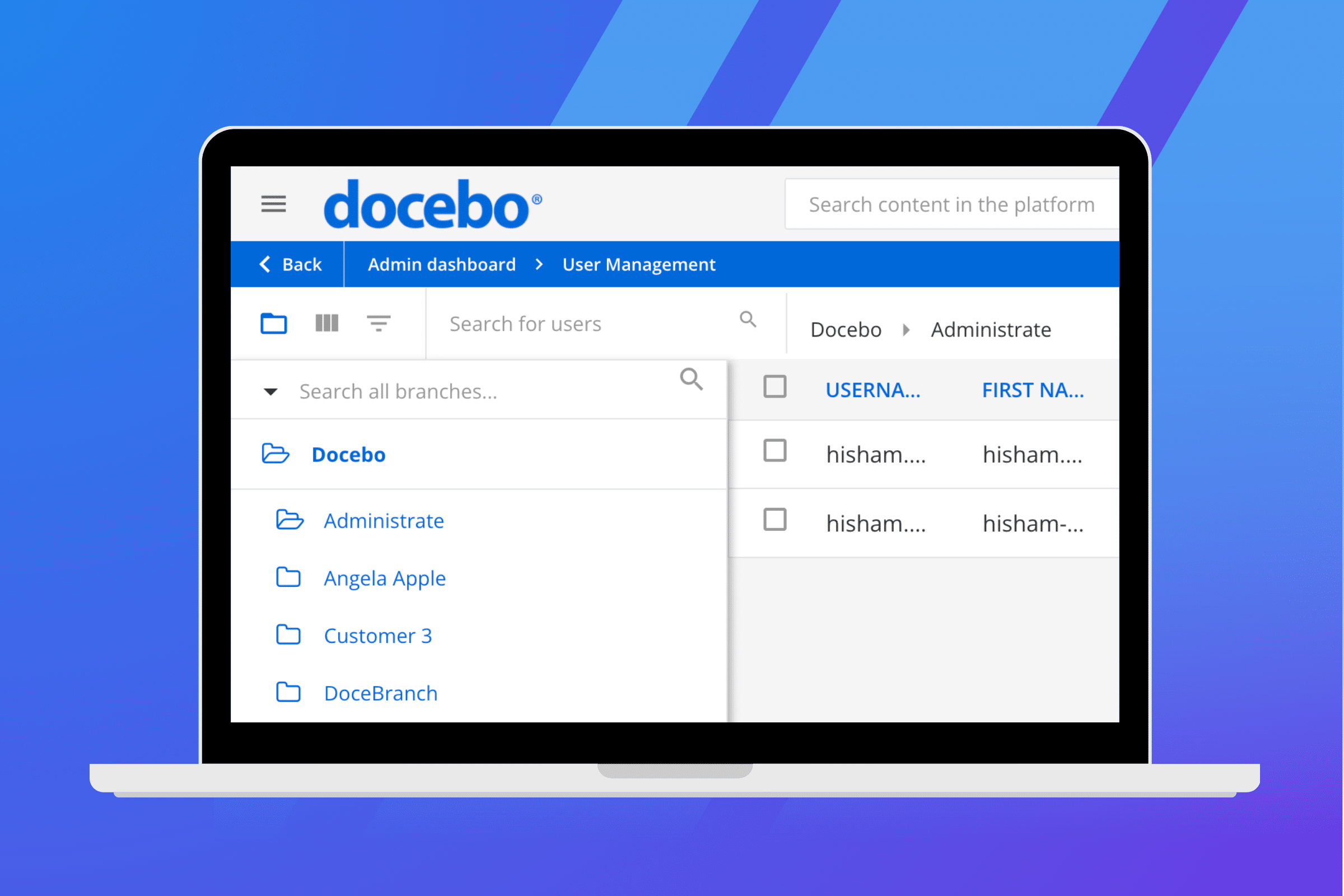 Graphic showing Docebo screen in branded Administrate graphics