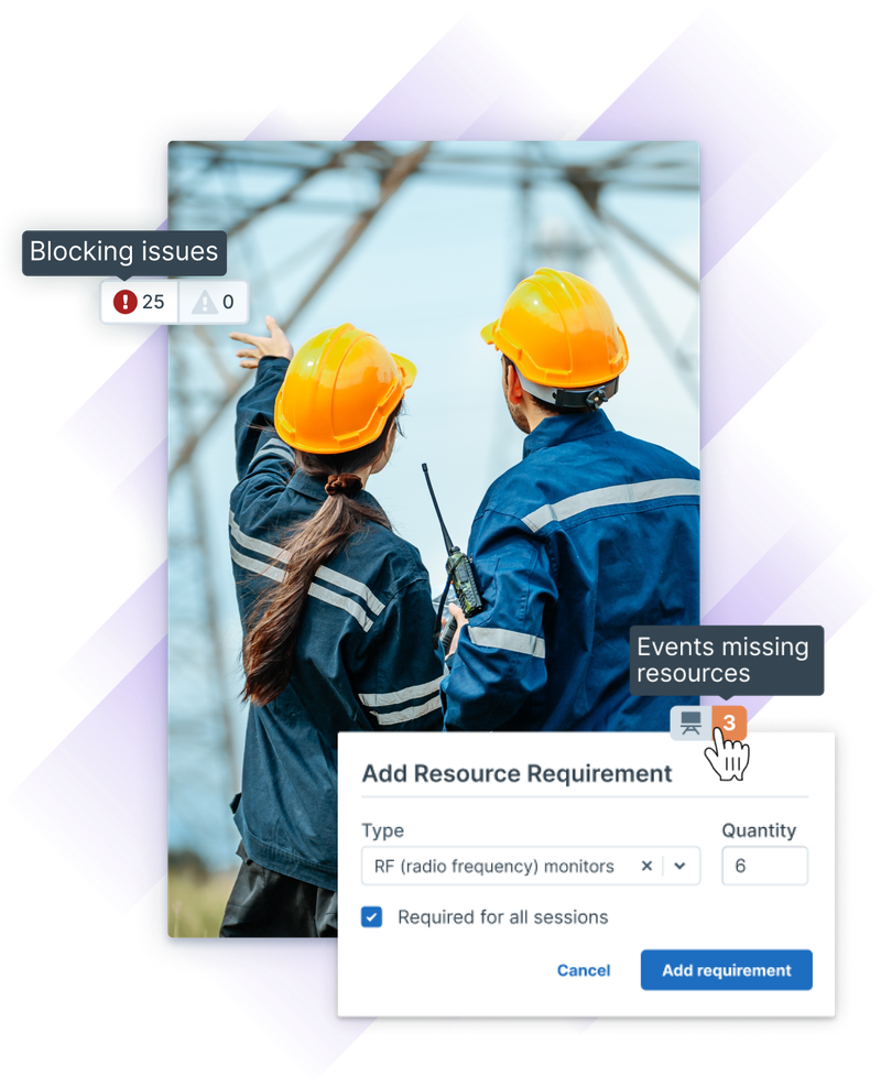 Two engineers in yellow hard hats and blue jackets analyze the structure of an electrical transmission tower, while Administrate interface elements show blocking issues and resource requirements for these types of trainings.