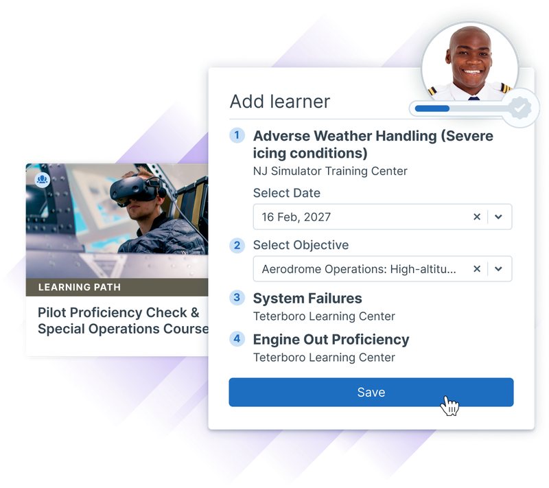 Training professional adding a pilot to a particular learning path for Pilot Proficiency compliance.