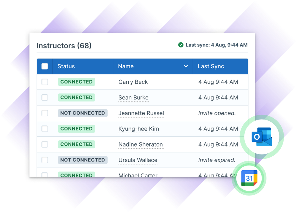 Illustration of Administrate's UI for listing instructors with their connection statuses, names, and last synchronization status.