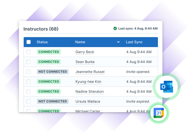 Illustration of Administrate's UI for listing instructors with their connection statuses, names, and last synchronization status.