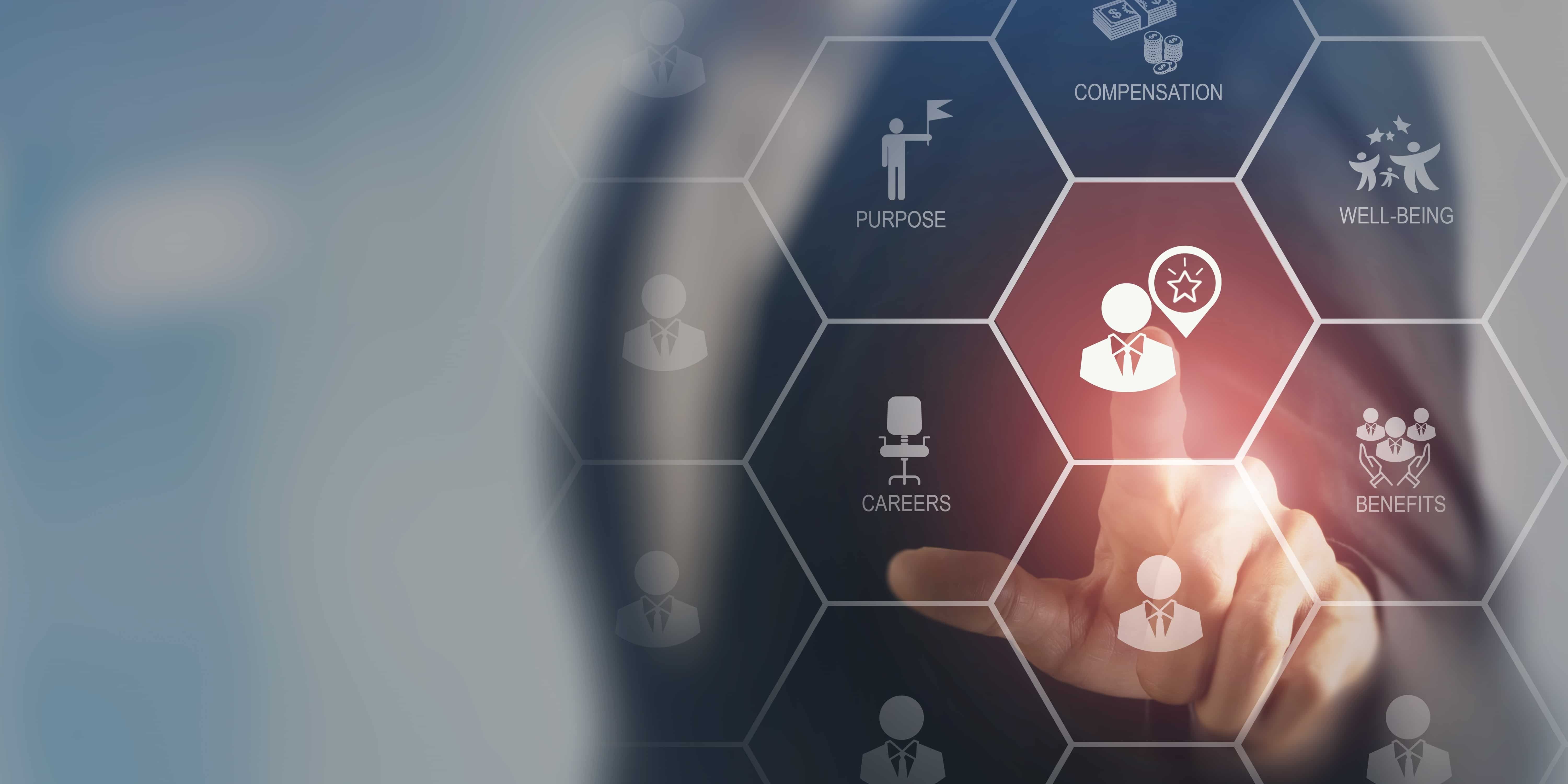 A blurred figure in a suit touches a glowing hexagonal interface labeled with employee terms including compensation, well-being, careers, and purpose.
