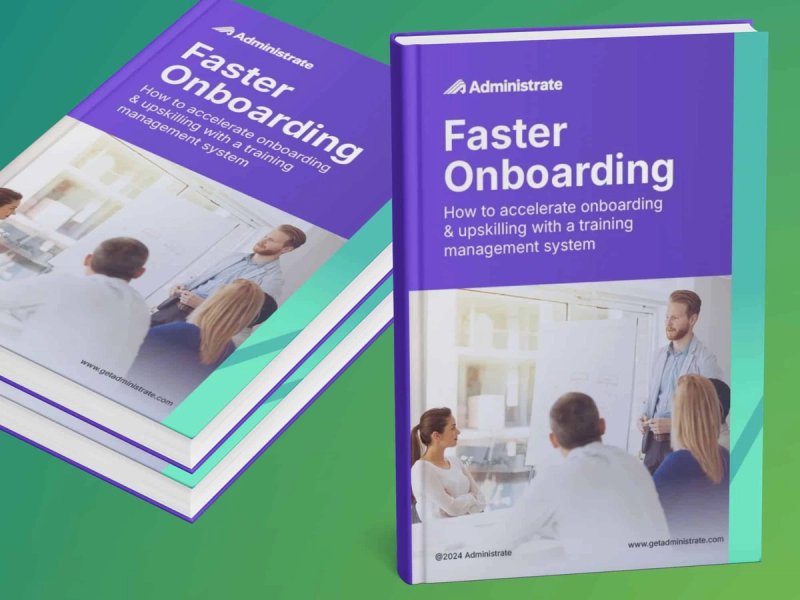 Two copies of the Administrate Faster Onboarding guide displayed against a teal background, showing the cover with diverse professionals.
