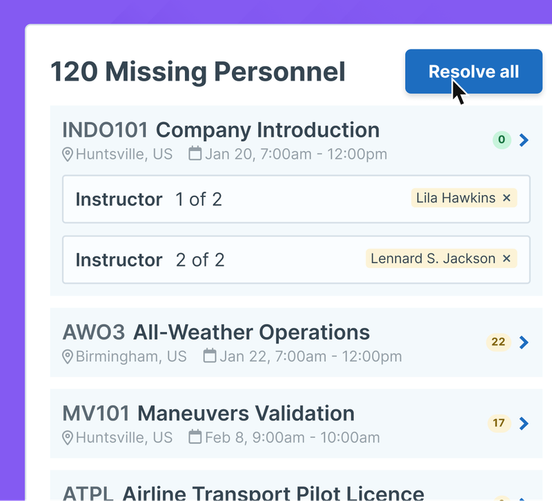 User editing a set of 120 events that are missing one or more required instructors in bulk.