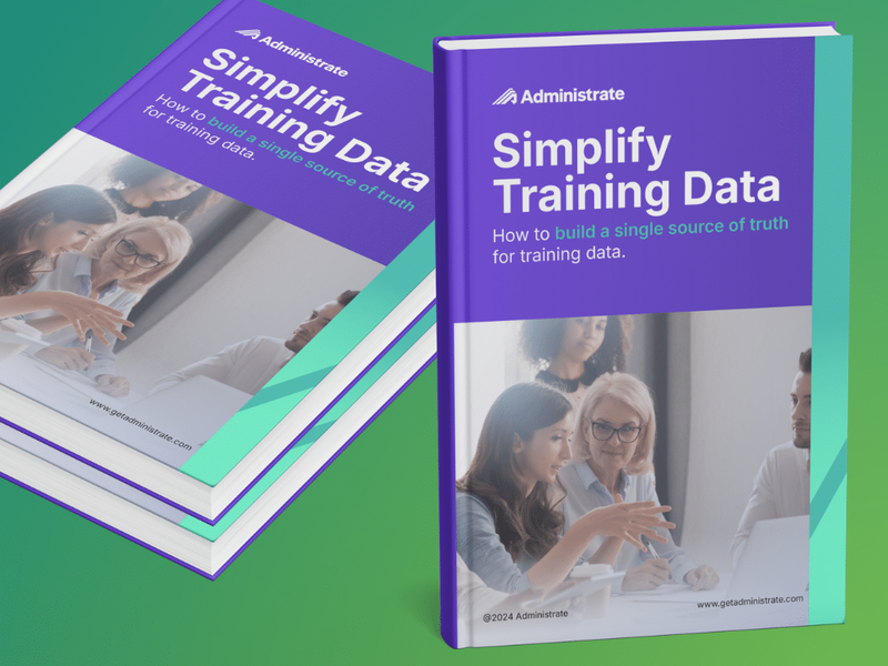 Two copies of the Administrate Simplify Training Data ebook, featuring diverse professionals collaborating on the cover.