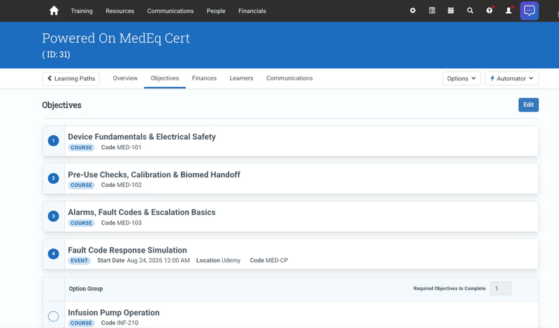 Animated screenshot showing one path, any structure in Administrate's Learning Paths feature.