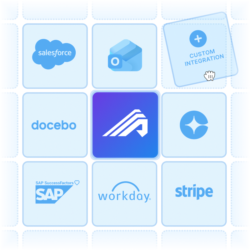 Administrate logo in the center of a grid with different integrations that Administrate works well with, such as Salesforce, Outlook, Docebo. 