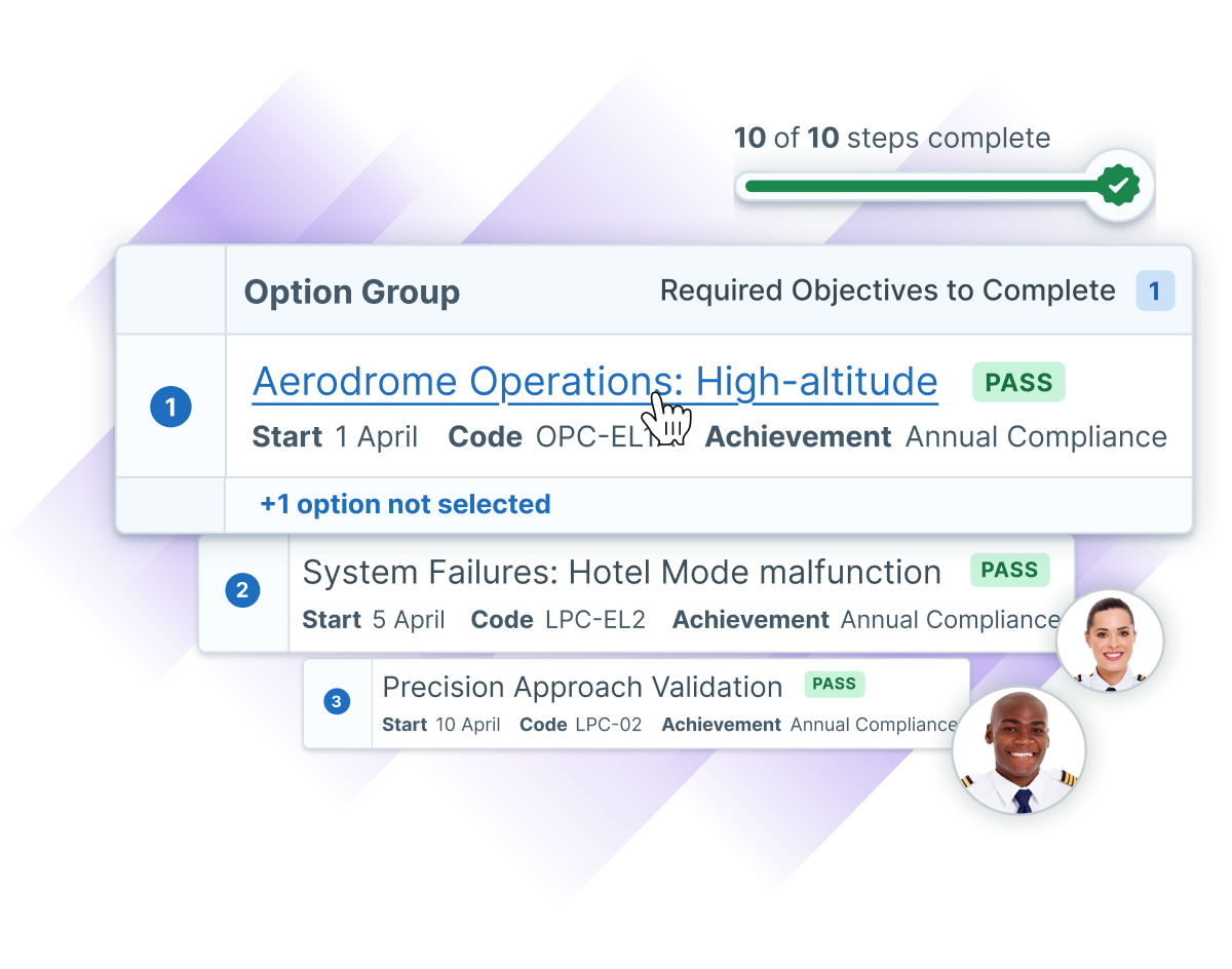 User hovering on one of the objectives completed by a learner for Pilot training, with completion rate highlighted for learners of this learning path.