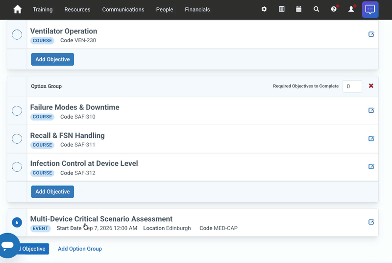 Animated screenshot showing how to pin specific events to a course structure in Administrate's Learning Paths feature.