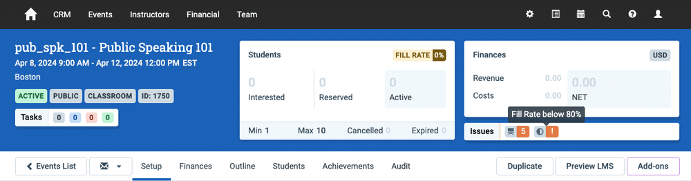 A screenshot of an event header in Administrate showing a fill rate that is below the target rate.