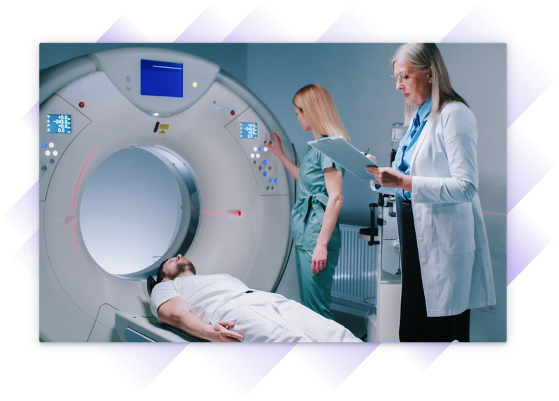 Medical team preparing a patient for an MRI scan, with a nurse operating the machine and a doctor taking notes.