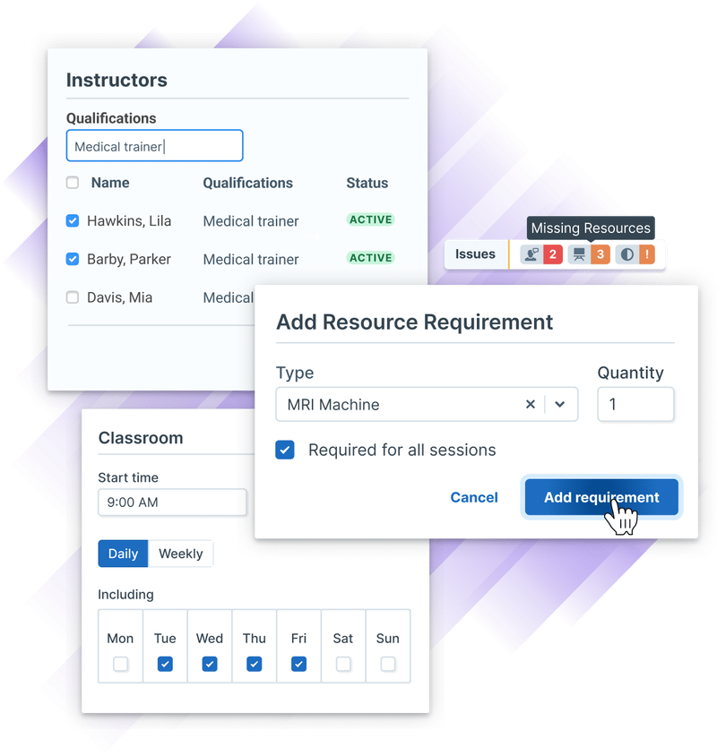 Interface showing instructor qualifications, resource availability, scheduling conflicts, and calendar selection for organizing training sessions.
