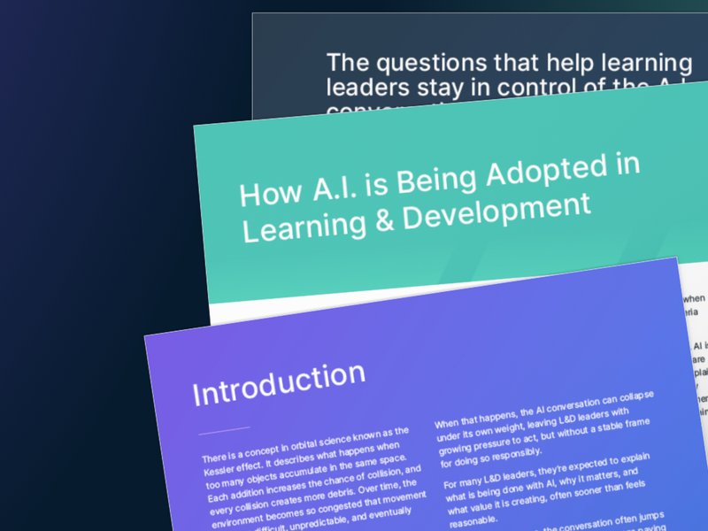 Interior pages of the "Cover of Are we asking the wright questions about AI in L&D?" guide book, fanned out in a creative display.