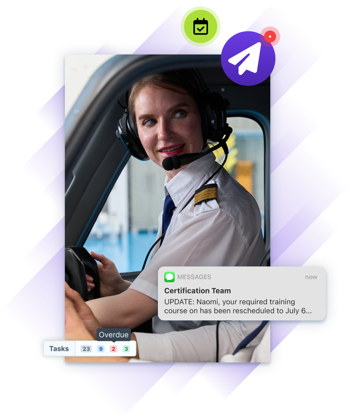 A warehouse worker in a high-visibility vest smiles while reviewing information on a tablet with colleagues nearby.
