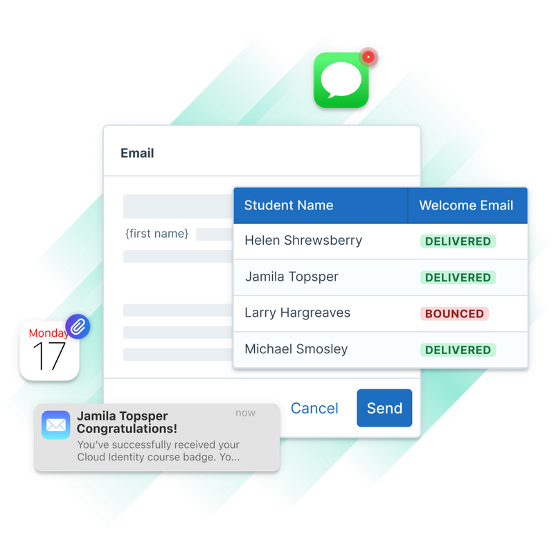 Email and SMS communication tracking in Administrate displaying message delivery status and learner badge notifications.