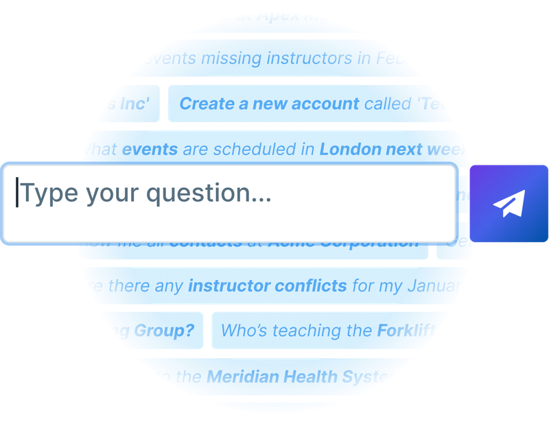 Text input box for users to type questions, with overlays of various inquiries related to scheduling events and instructor conflicts.