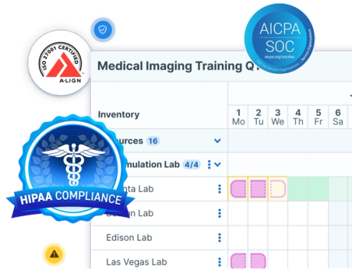 A medical imaging training schedule is shown alongside badges for HIPAA, ISO 27001, and SOC 2 compliance, highlighting secure, certified training operations.