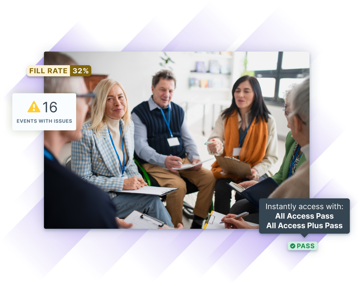 The image depicts a group of five diverse professionals engaged in a collaborative discussion during a training session, with visual indicators highlighting key UI alerts about event fill rates and issues, alongside options for accessing Training Passes in Administrate.