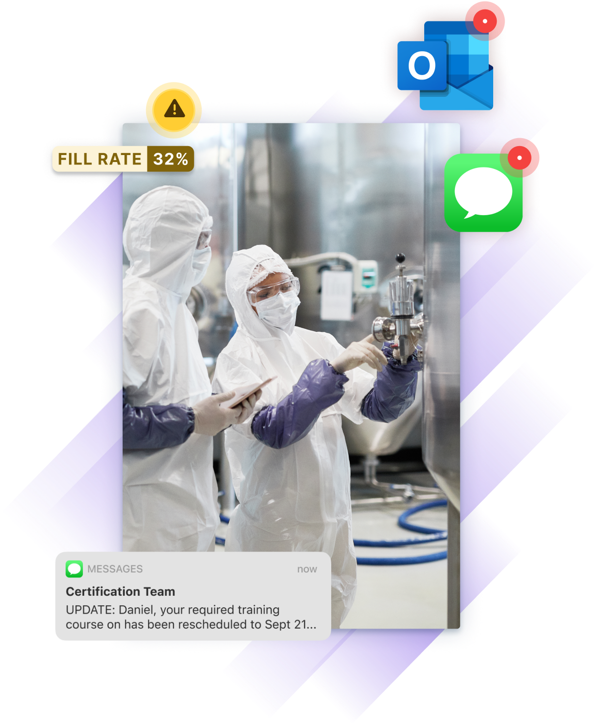 Two workers in protective suits perform a task in a manufacturing facility, overlaid with training alerts, low fill rate warning, and communication app icons.