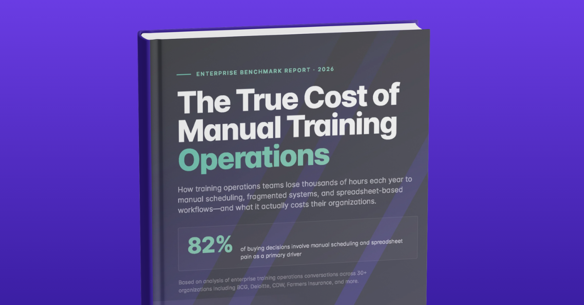 Cover of the 2026 Enterprise Benchmark Report titled "The True Cost of Manual Training Operations" by Administrate, displayed at an angle on a purple background. The subtitle reads "How training operations teams lose thousands of hours each year to manual scheduling, fragmented systems, and spreadsheet-based workflows, and what it actually costs their organizations." A highlighted statistic shows "82% of buying decisions involve manual scheduling and spreadsheet pain as a primary driver."