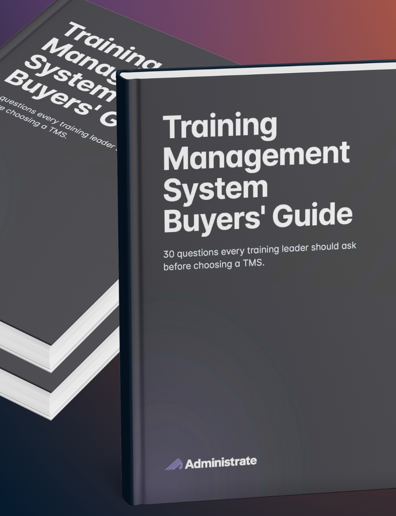 Two stacked versions of TMS Buyers' Guide guidebook, cover up, prop up a third version of the same book, forming a stack with gradient red background.