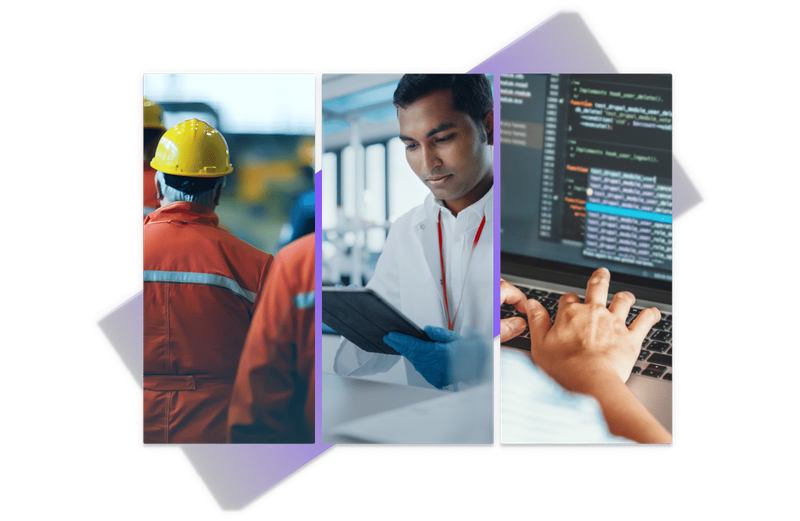 A split screen graphic depicting training’s reach across categories, including a safety team in orange vests, a scientist in a laboratory, and a developer writing code.
