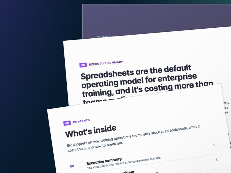 Preview of two interior pages from Administrate's "The True Cost of Manual Training Operations" report. The top page shows the Executive Summary with the headline "Spreadsheets are the default operating model for enterprise training, and it's costing more than teams realize." The second page shows the Contents section titled "What's inside," outlining six chapters on why training operations teams stay stuck in spreadsheets.