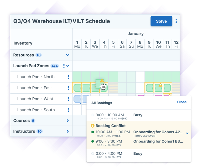 Q3/Q4 Warehouse ILT/VILT Schedule showing inventory resources, launch pad zones, courses, and instructors for January in AI Scheduler.