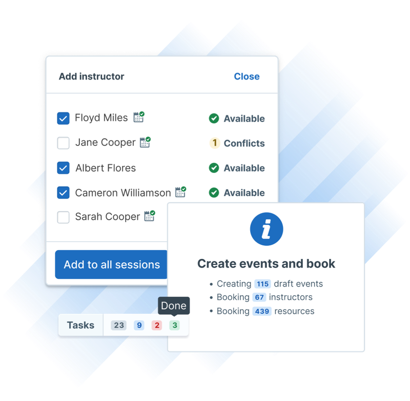 Instructor selection and event planning screen in Administrate showing availability, conflicts, and bulk booking tasks.