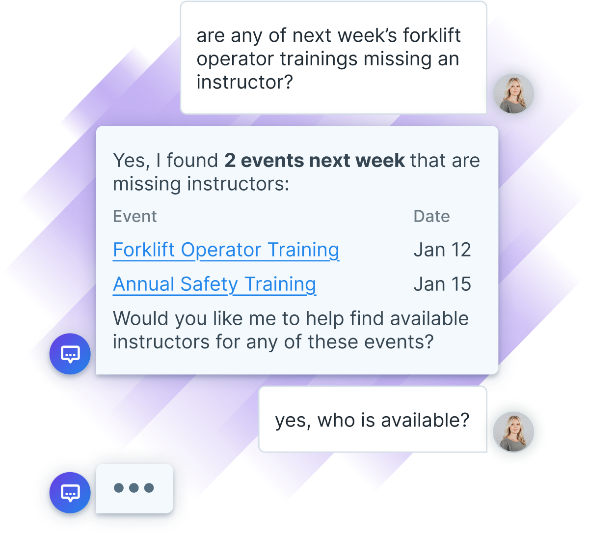 Chat interface in Administrate between the user and AI Assistant. The chat shows the user asking if any of the next week's trainings are missing an instructor, and the AI Assistant gives a table that displays two events with issues, asking whether the user wants them resolved.