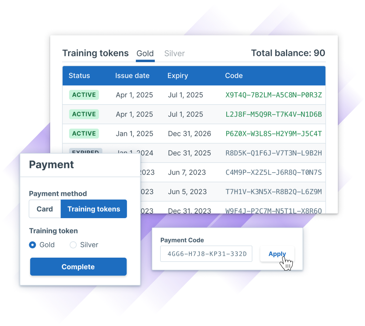 Image depicting the balance of training tokens for a company with options for choosing between training tokens of Gold and Silver in Administrate.