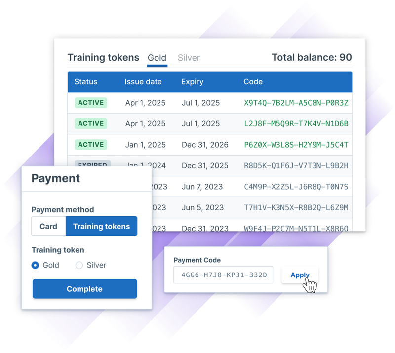Image depicting the balance of training tokens for a company with options for choosing between training tokens of Gold and Silver in Administrate.