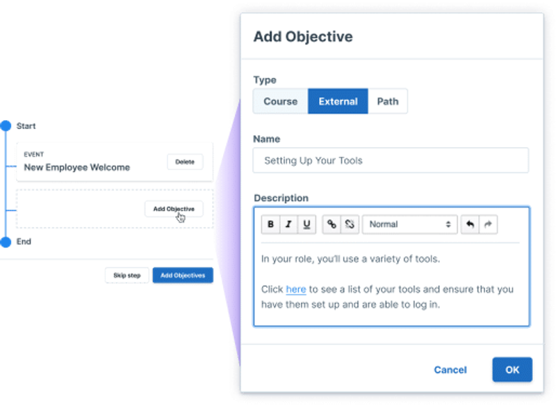 Adding an objective to a New Employee Welcome path.