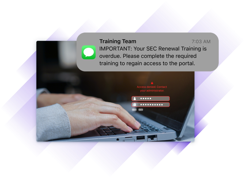 Hands typing on a laptop showing an access denied message, overlaid with a training reminder about overdue SEC renewal training.
