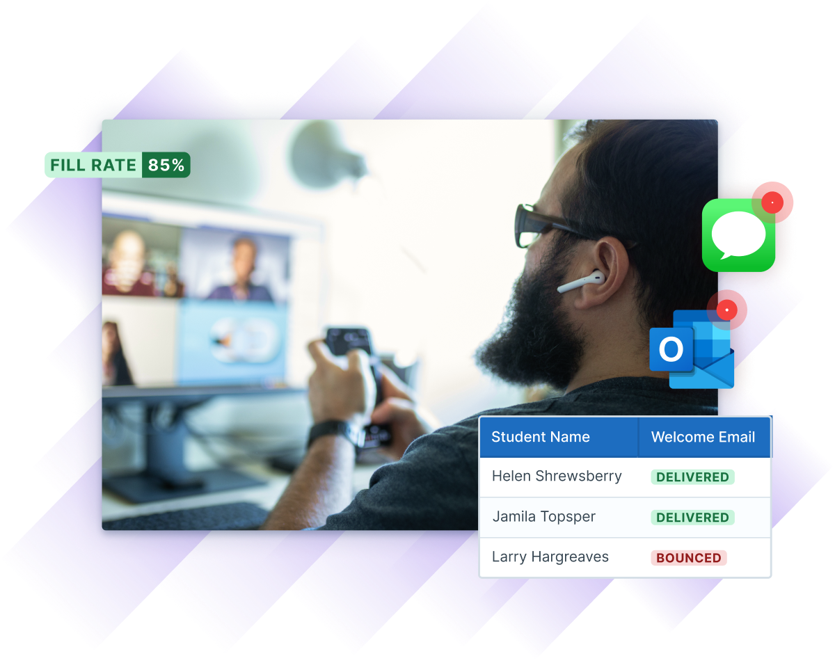 Image showing a man participating in a video call on a computer, with overlaid graphics displaying fill rate, message icons, and a table of welcome email delivery statuses.
