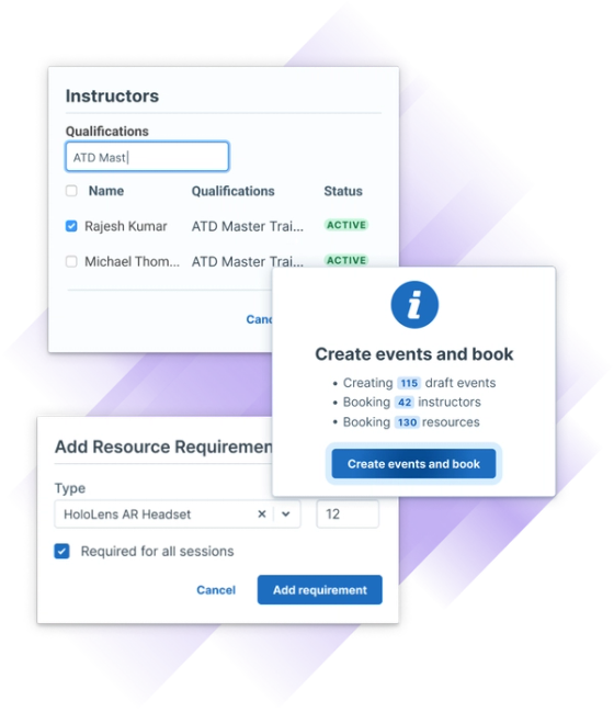Image showing the Administrate software interface with sections for instructors, event creation, and resource requirements.
