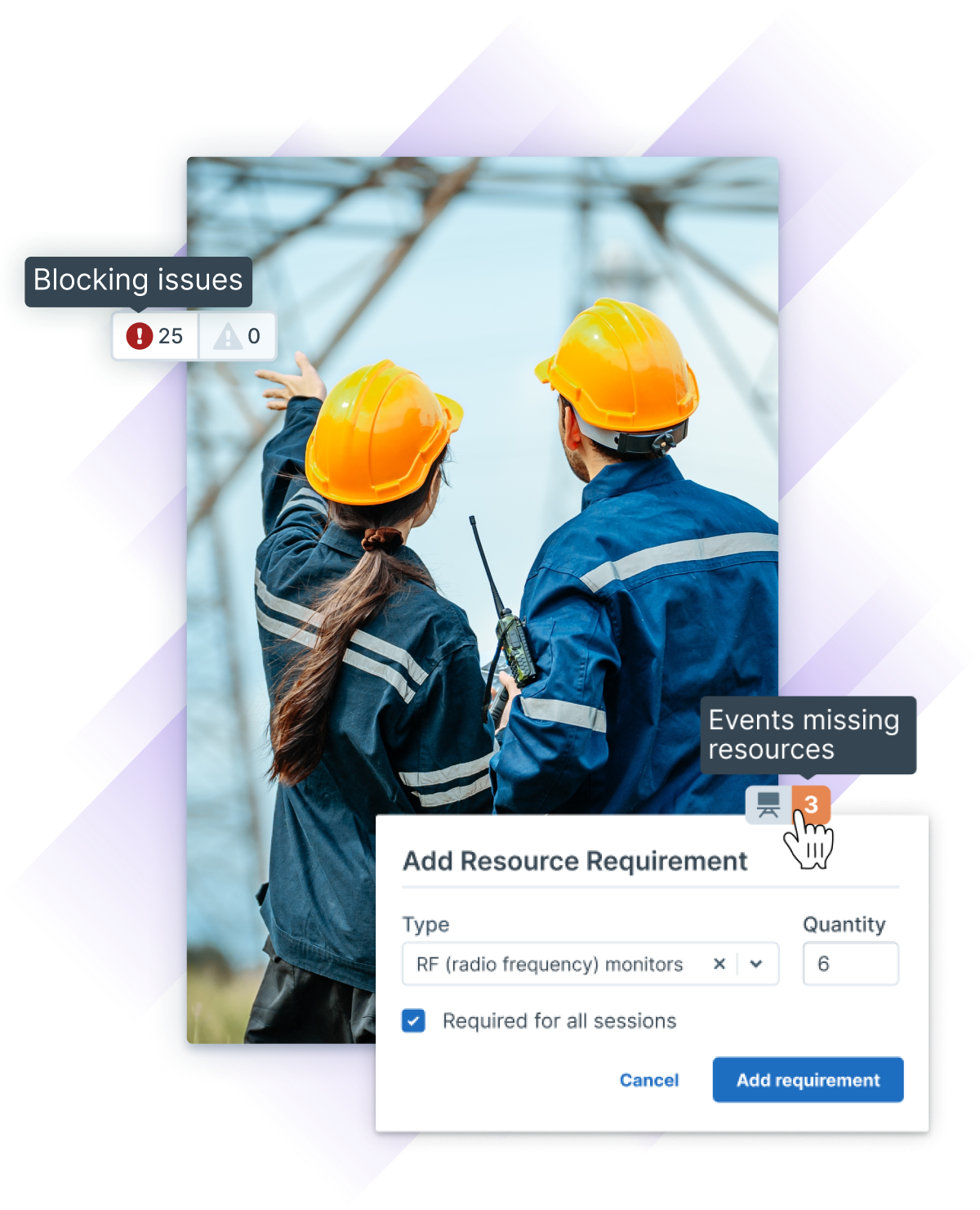 Two engineers in yellow hard hats and blue jackets analyze the structure of an electrical transmission tower, while Administrate interface elements show blocking issues and resource requirements for these types of trainings.