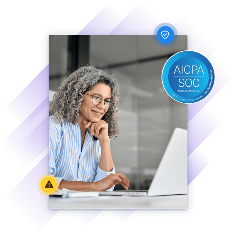 Illustration of woman on laptop in her office while alerts and security certifications float around her.