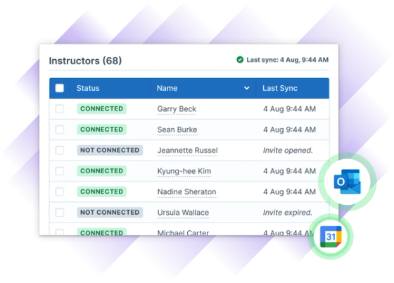 Illustration of Administrate's UI for listing instructors with their connection statuses, names, and last synchronization status.