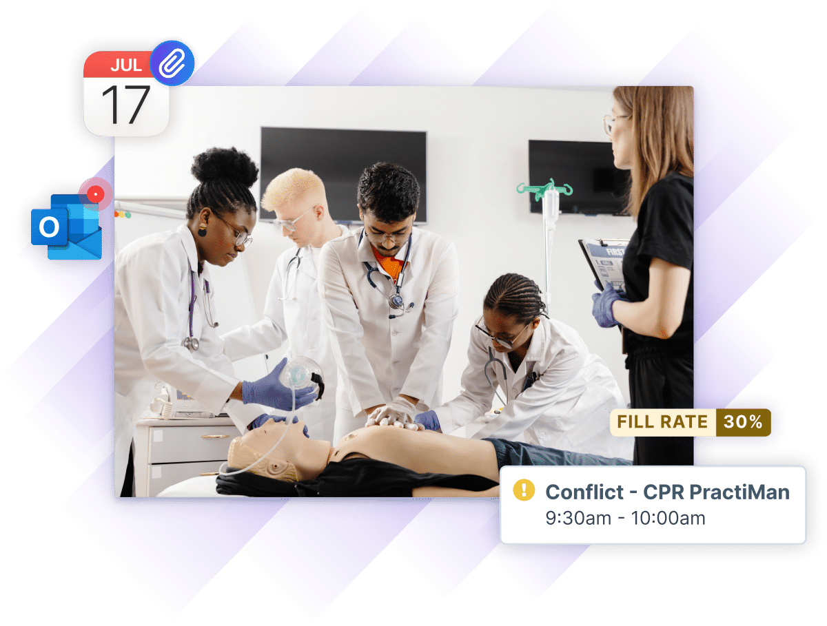Photo of live training for medical students overlaid with the UI elements in Administrate that will help training professionals keep an eye on fill rate, bookings, communications, and resource management.