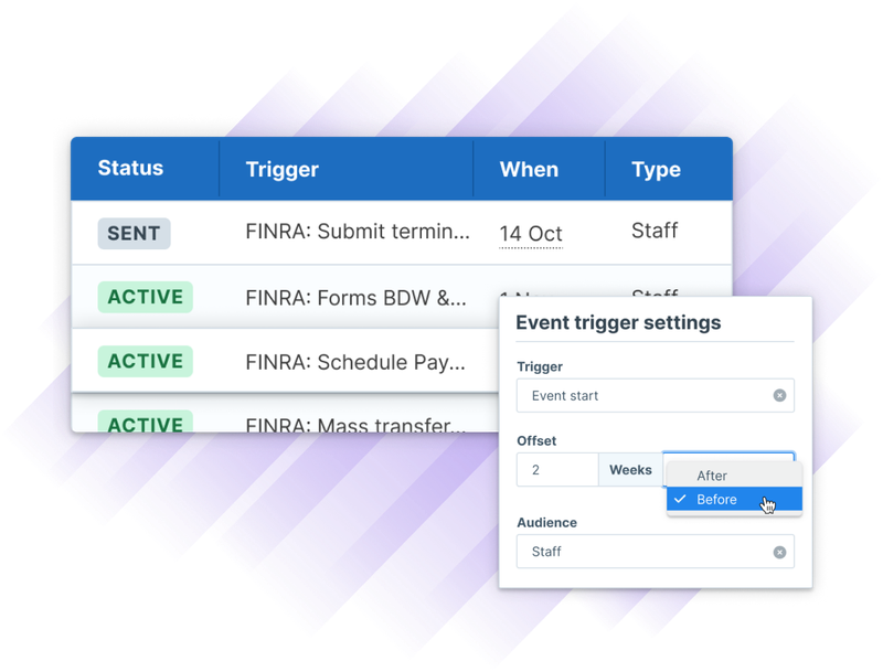 Interface showing automated training triggers for FINRA compliance with configurable timing and audience settings.
