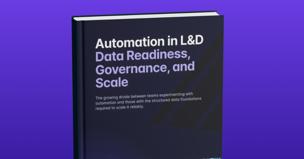 Cover of Administrate's report "Automation in L&D: Data Readiness, Governance, and Scale" displayed at an angle on a purple background. The dark navy cover features the title in white and lavender typography along with the subtitle about the growing divide between teams experimenting with automation and those with structured data foundations.