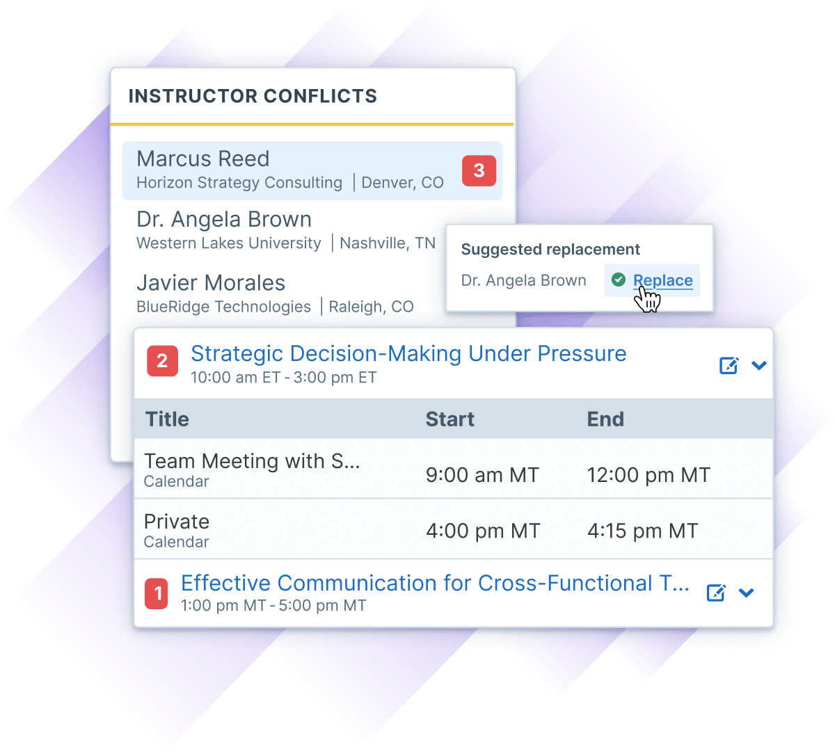 Instructor conflicts display with suggested replacements for HR training sessions.
