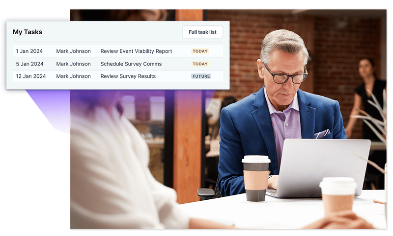 An image of a training professional using their laptop to organize their notifications with screenshot examples of task notifications in Administrate.