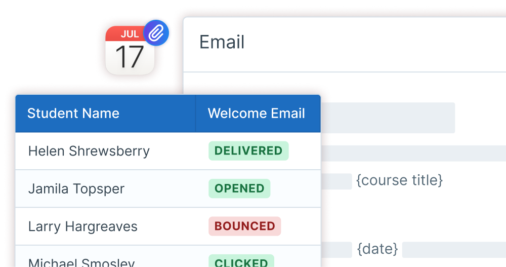 Screenshots of messaging windows and panels in Administrate showing email triggers, email notifications, and calendar attachments automated with Administrate.