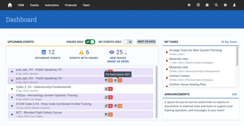 Screenshot of Administrate's dashboard showing a course with a fill rate below the set target.