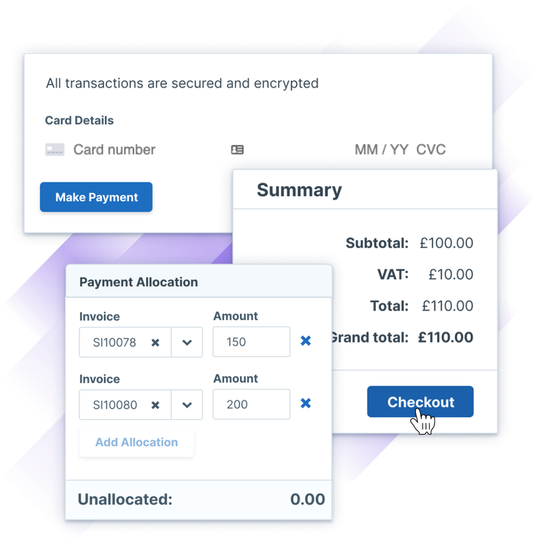 Image depicting a payment interface with secured card details, a summary of transaction costs, and options for payment allocation and checkout.
