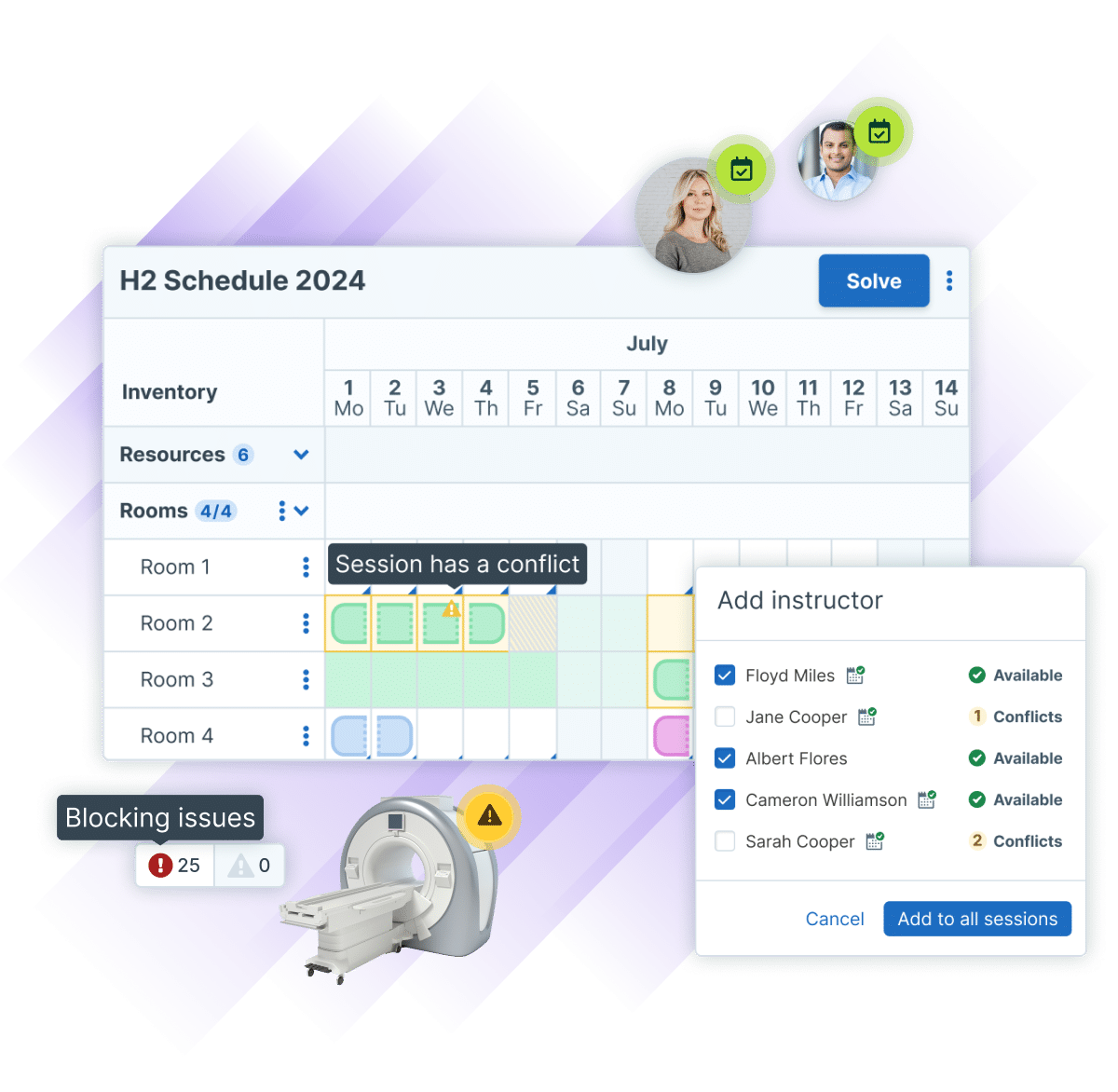Administrate Scheduler UI elements such as issue highlights, the add instructor modal, and session conflict alerts.