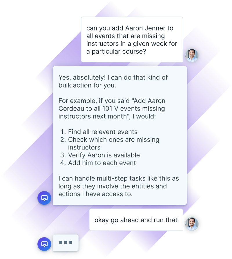 Chat with Administrate's AI Assistant that shows a user asking about the capabilities for the AI.